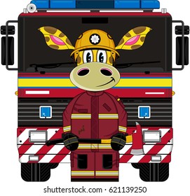 Cartoon Fireman Giraffe and Fire Engine