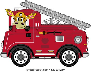 Cartoon Fireman Giraffe and Fire Engine