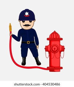 Cartoon Fireman Holding a Hydrant Water Pipe