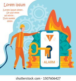 Cartoon Fireman Put on Fire. Phone with Danger Alarm Sign on Flat Screen. Broken, Failure Banking Account, Electronic Wallet. Ad Banner Offering Access Recovery Idea. Vector Metaphor Illustration