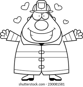 A cartoon fireman ready to give a hug.