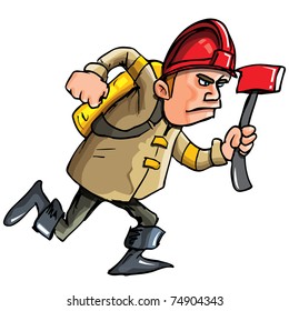 Cartoon fireman running with an axe. Isolated on white