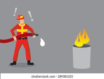 Cartoon fireman standing in front of mock fire, shocked that his hose has no water. Creative vector illustration on comical epic fail situation related to firefighting isolated on grey background.