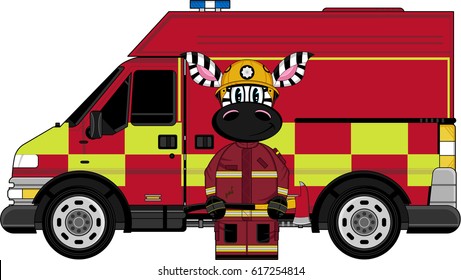 Cartoon Fireman Zebra and Fire Engine