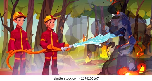 Cartoon Firemen Extinguishing Wildfire. Vector Design Of Brave Firefighter Characters Wearing Protective Uniform And Helmets Spraying Water Hose On Flame Burning In Forest. Picnic Safety Rules