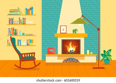 Cartoon Fireplace Interior for House Flat Style Design Domestic Comfort. Vector illustration