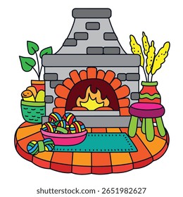 Cartoon Fireplace with Yarn and Cozy Decor