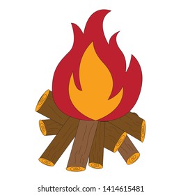 Cartoon firewood burning in the camp, camping and outdoor tourism related item isolated vector illustration or forest touristic open-air fire illustration