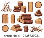 Cartoon firewood. Pile of cut wooden logs, firewood bundle for campfire or fireplace, tree trunk and branches. Vector isolated set of log lumber, timber tree illustration