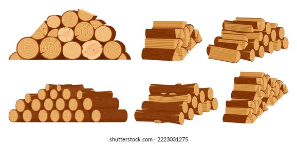 Cartoon firewood piles, wooden logs and stacked bonfire firewoods. Lumber bonfire twigs, wood industry materials vector symbols illustration set. Bonfire wooden logs