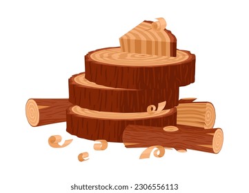 Cartoon firewood. Wooden tree trunks and logs, lumberjack workplace. Stacked woodwork flat vector background illustration