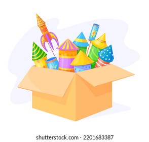 Cartoon Firework Box. Fireworks Pyrotechnic Thing For Christmas Party Or Celebrate Anniversary, Firecracker Colorful Rocket Exploding Paper Fire Cracker, Neat Vector Illustration Of Firework Rockets