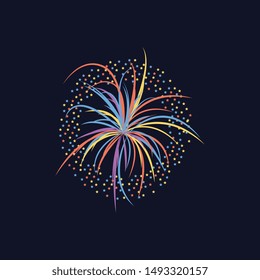 Cartoon firework celebration explosion on black sky, bright colorful light burst in simple hand drawn style, rainbow colors for party or festival decoration, vector illustration
