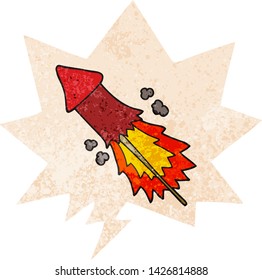 cartoon firework with speech bubble in grunge distressed retro textured style
