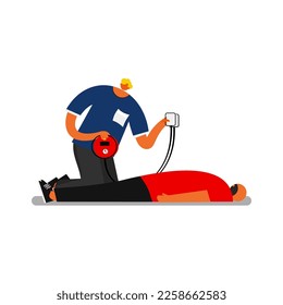 Cartoon of first aid with AED. 