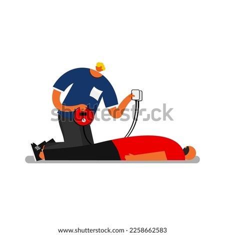 Cartoon of first aid with AED. 