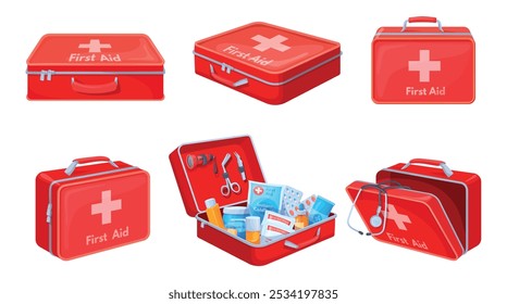 Cartoon first aid box. Rescue case red medical boxes, urgency health assistance emergency paramedic equipment medication pills bandage medicine supplies, neat vector illustration original artwork