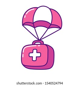 Cartoon first aid kit falling with parachute. Medical supplies box doodle, fast help. Isolated vector clip art illustration.