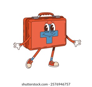 Cartoon first aid kit groovy medicine and health character with playful eyes and retro sneakers, exuding positivity, support and readiness. Vector red case medical care personage with healthy vibes