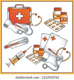 Cartoon first aid kit and professional instruments of doctor. Medical logo. Profession. Colorful vector illustration for kids.