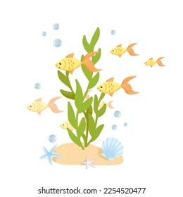 Pescado de dibujos animados con algas en el fondo del acuario.Gráficos vectores.