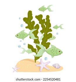 Cartoon Fische in Algen am Ende des Aquariums.Vektorgrafik.