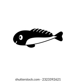 Cartoon fish black silhouette. Cute aquarium, tropical fish. Smiling character. Childish animal, fishbowl pet.