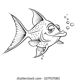 Cartoon fish. Black and white illustration on white background