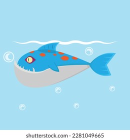 A cartoon fish with a blue face and red spots on the bottom.