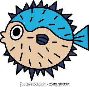 A cartoon fish with a blue and orange body and a blue head. The fish has a big smile on its face