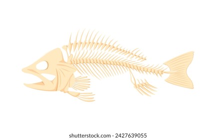 Cartoon fish bones, isolated vector skeleton, stripped of flesh. Delicate and intricate fish bones primarily composed of cartilage, feature a spine with attached ribs, a skull, tail and fin supports