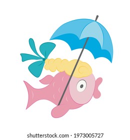 Cartoon fish with braid, bow and umbrella. A funny character for children's illustrations. Hand-drawn vector. Marine life, underwater world. Cheerful aquarium, sea and ocean. For girl, print t-shirt.