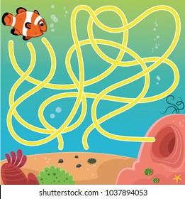 Cartoon Fish Character In The Maze Game. Vector illustration.