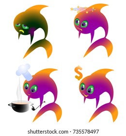 Cartoon fish character smiles set 6