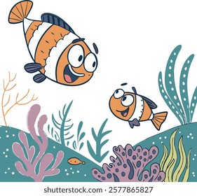 Cartoon fish characters in a vibrant underwater scene, perfect for creative and playful projects.