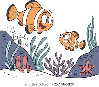 Cartoon fish characters in a vibrant underwater scene, perfect for creative and playful projects.