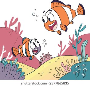 Cartoon fish characters in a vibrant underwater scene, perfect for creative and playful projects.