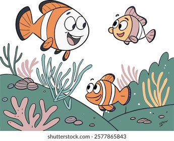 Cartoon fish characters in a vibrant underwater scene, perfect for creative and playful projects.