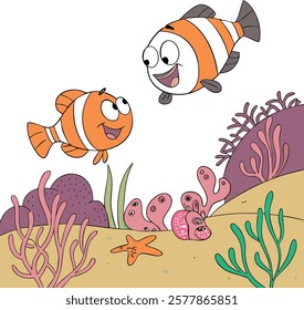 Cartoon fish characters in a vibrant underwater scene, perfect for creative and playful projects.