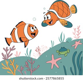 Cartoon fish characters in a vibrant underwater scene, perfect for creative and playful projects.