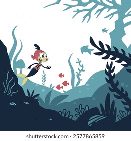 Cartoon fish characters in a vibrant underwater scene, perfect for creative and playful projects.