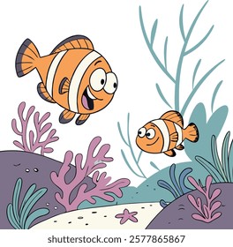 Cartoon fish characters in a vibrant underwater scene, perfect for creative and playful projects.