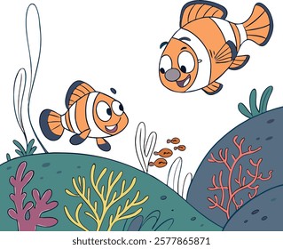 Cartoon fish characters in a vibrant underwater scene, perfect for creative and playful projects.