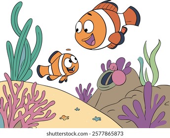 Cartoon fish characters in a vibrant underwater scene, perfect for creative and playful projects.