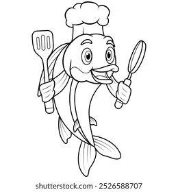 Cartoon fish chef holding a frying pan and spatula line art