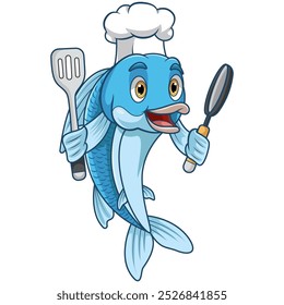 Cartoon fish chef holding a frying pan and spatula