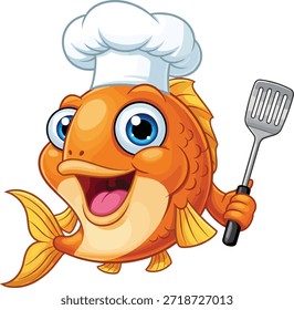 Chef de pescado de dibujos animados con espátula y sombrero, expresión alegre, Ilustración vectorial para mariscos, cocina, marca de restaurantes y temas de humor culinario