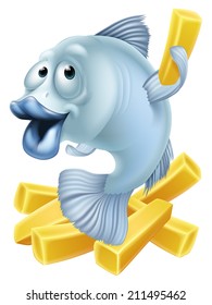 Cartoon fish and chips illustration of a fish character and chunky chips or French fries