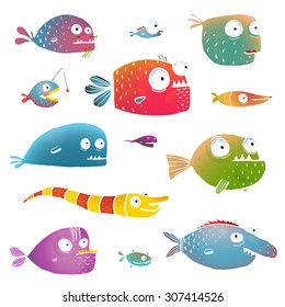 Cartoon Fish Collection for Kids Design. Fun cartoon hand drawn scary fishes for children design illustrations set. EPS10 vector has no background color.