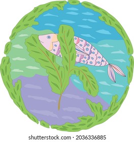 cartoon fish with colorful scales in pastel colors in a circle with water of different colors and green seaweed